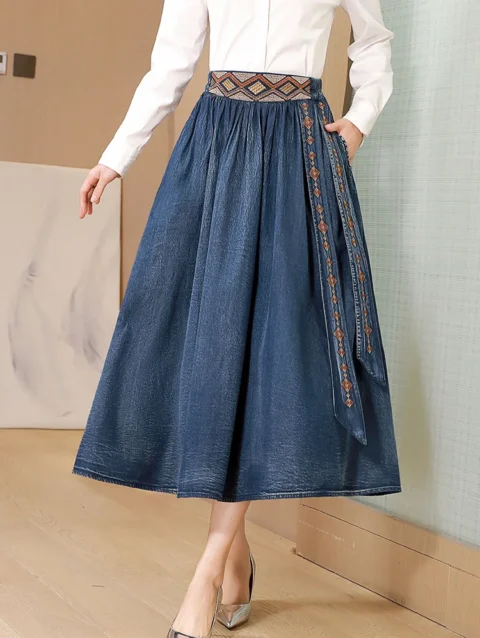 TIYIHAILEY Free Shipping 2024 New Fashion Long Maxi Denim Jeans Women M-L Chinese Style Spring Autumn Elastic  Embroidery Skirts 1