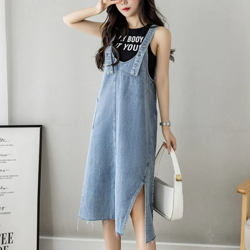 Women'S Denim Fabric Casual Fashionable Solid Color Loose Pocket Strap Skirt High Quality Slit Dress Strap Skirt فساتين السهرة 4