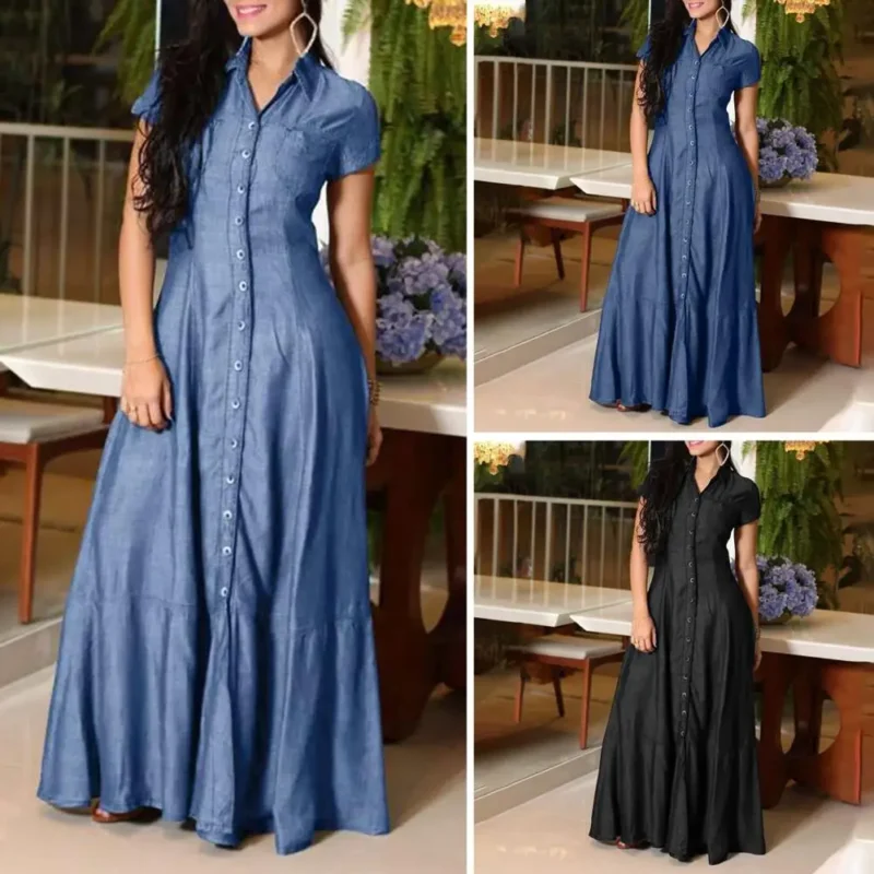 Women Denim Dress Elegant A-line Denim Dress with Ruffle Hem Patch Pockets for Women High Waist Short Sleeve Lapel Solid 5