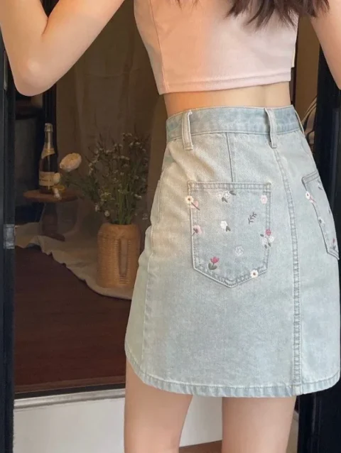 Denim A-line Skirts Women Summer Daily Embroidery Floral High Waist All-match Ins Chic Korean Style Fashion Casual Simple New 3