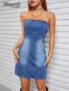 Benuynffy Sexy Strapless Denim Mini Dress Women Summer Y2K Streetwear Backless Zipper Bodycon Party Jeans Tube Dresses 2024 1