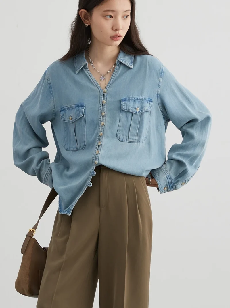 Women Button V-neck Denim Shirts Spring Long Sleeve Pocket Loose Casual Tops 1