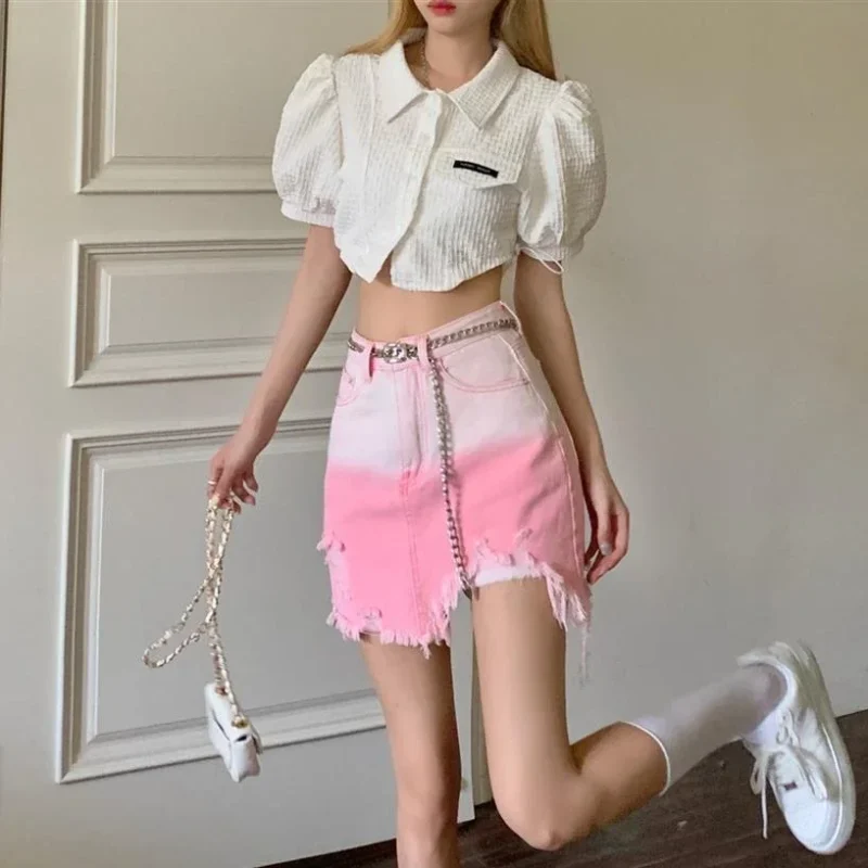 Pink Gradient Mini Skirts Women Denim Tassel Ripped High Waist Streetwear Y2k Clothes Harajuku Irregular Summer Faldas Korean 6