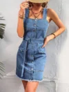 Benuynffy Square Neck Sleeveless Frayed Hem Belted Denim Dress Women Button Front Tank Sundress Female Casual Mini Jeans Dresses 1