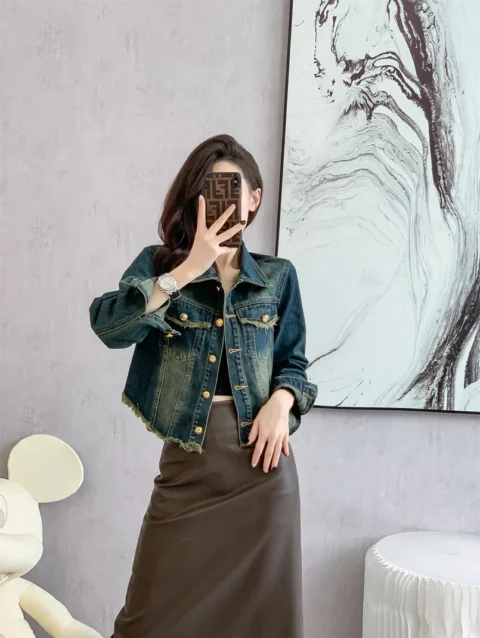 Fashion Design Sense Raw Edge All Matching Slim Slim Short Shirt Denim Jacket 1