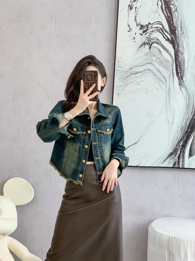 Fashion Design Sense Raw Edge All Matching Slim Slim Short Shirt Denim Jacket 1