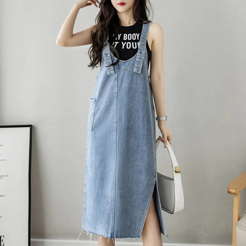 Women'S Denim Fabric Casual Fashionable Solid Color Loose Pocket Strap Skirt High Quality Slit Dress Strap Skirt فساتين السهرة 2