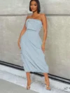 OLOMM 2024 Tube Top Pocket Sexy Backless Wash Denim Dress Zipper Pure Color Lady Mid Long Denim Dress 1