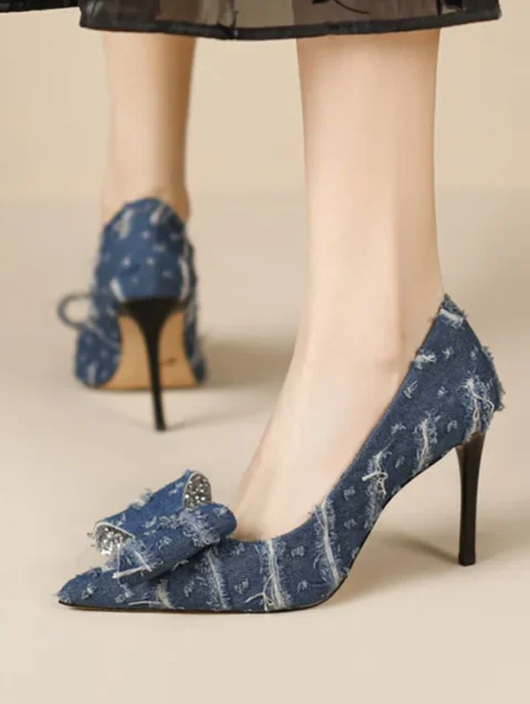 New2024 Blue Denim Women Pumps Sequins Bowknot Decor Thin High Heels Shoes Black Leather Formal Party Stilettos Chaussure Femmes 1