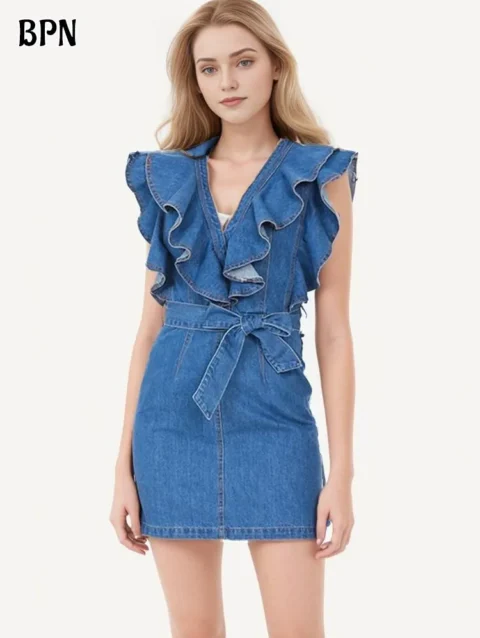 BPN Casual Patchwork Ruffles Denim Dresses For Women V Neck Fly Sleeve High Waist Solid Slimming Mini Dress Female New Fashion 1