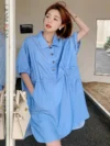 LANMREM Blue Fashion Mid Length Dress Women Lapel Single Breasted Drawstring Loose A-line Dresses 2024 Spring New 2AA5018 1