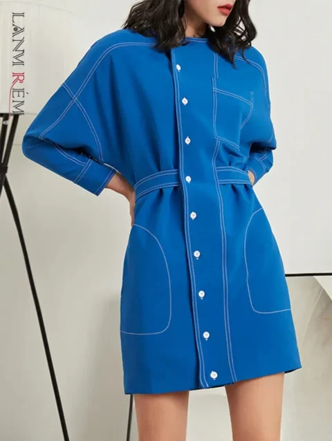 LANMREM Designer Denim Dress Female Round Neck Slim Waist Long Sleeve Dresses For Women Streetwear 2024 Spring New 20A3582 1