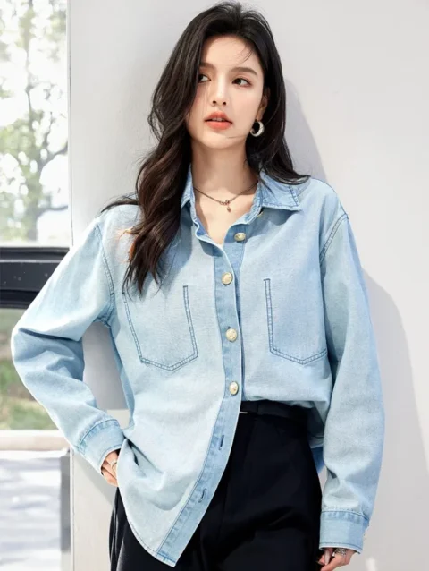 Blue Retro Denim Shirt, Women'S Spring And Autumn Lapel Design, Loose And Casual, Unique Slim Fitting Long Sleeved Top 1