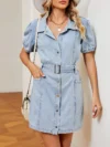 Benuynffy Short Puff Sleeve Belted Denim Dress Women 2024 Spring Summer Vintage Single Breasted Jeans Shirt Dresses with Pockets 1