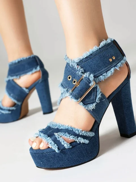 Brushed Fringes Denim Jeans Punk Gothic Belt Buckle Summer Women Sandals Peep Toe Platform High Heels Blue Gladiator Shoes 34-43 1