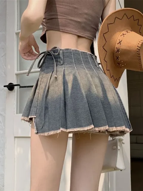 2024 New Retro Denim Skirt Women's Summer Sexy Pleated High Waist Skirt 5