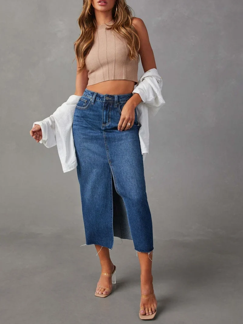 Women High Waist Long Denim Skirt Elegant Slit Raw Hem A-Line Summer Casual Midi Jean Skirts with Pockets 2