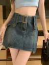 Summer New Oversized High Waisted Slimming Wrap Hip Short Skirt For Women Trendy Retro All-Match Female Denim Skirt With Belt 1