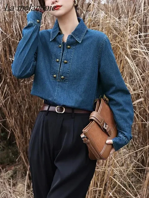 Denim Blouse Women 2024 Spring New Fashion Vintage Casual Loose Button Up Blue Shirts Turn Down Collar Long Sleeve Chic Tops 1