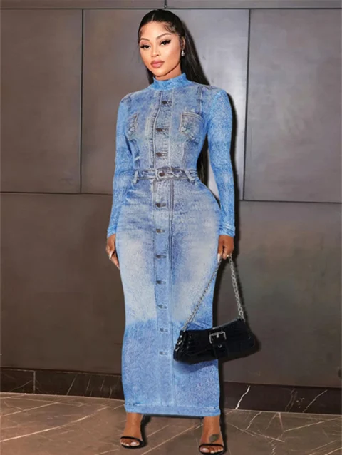 Kontturi Fall Fashion Denim Jeans Print Dresses For Women O Neck Long Sleeve Dress Streetwear Outfit Blue Bodycon Maxi Dress 7