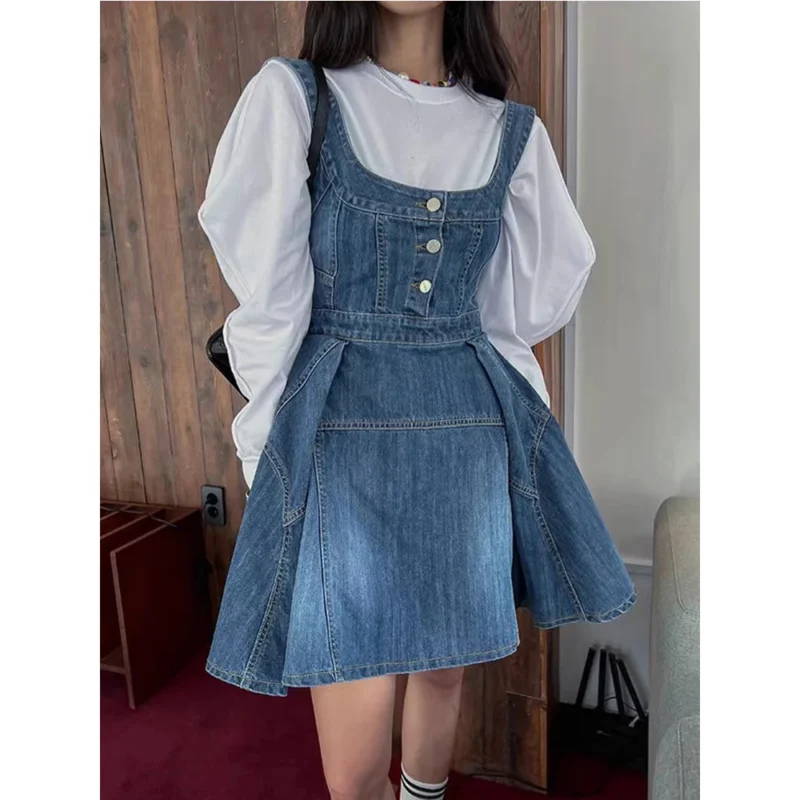 Korean Fashion Denim Dress for Women Solid Sleeveless A-line Suspender Strap Jeans Vestidos Female Summer Outfits Frocks 1