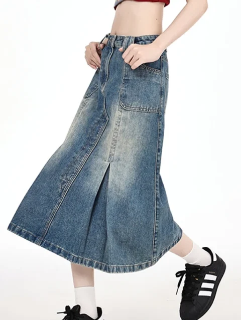 Retro Jeans Skirts for Women Denim High Waist A-Line Pleated Midi Denim Skirts 2024 New 1
