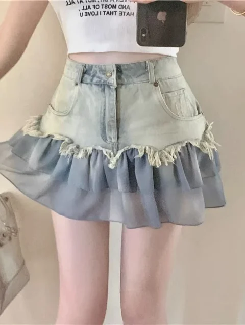 Mini Skirts Woman Streetwear Korean Style Patchwork Leisure A-line All-match High waist Simple Ruffles Fashion Student Denim Y2k 7