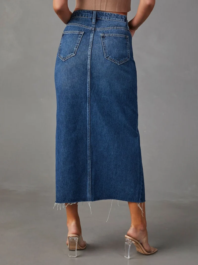 Women High Waist Long Denim Skirt Elegant Slit Raw Hem A-Line Summer Casual Midi Jean Skirts with Pockets 3