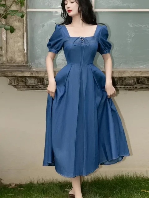 Summer Woman Denim Blue Dress Vintage Victorian Style Square Collar Puff Sleeve Princess Dresses Elegant Faldas Ropa Mujer 1
