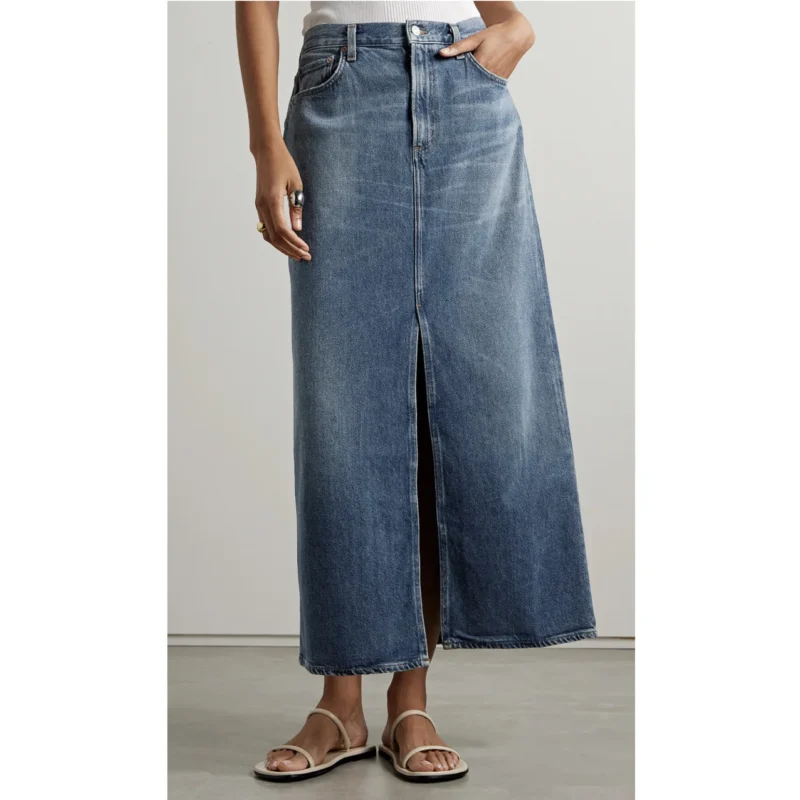 Front Slit Denim Midi Skirt Women's High Waist Fashion Spring New 2024 Cotton Lady Jupe with Pockets 2