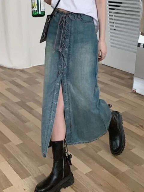 Lace Up Denim Skirts Women Midi Slit Streetwear Loose A-line All-match Solid High Waist Korean Style Spring Fashion Office Lady 2