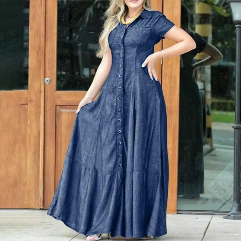 Women Denim Dress Elegant A-line Denim Dress with Ruffle Hem Patch Pockets for Women High Waist Short Sleeve Lapel Solid 4