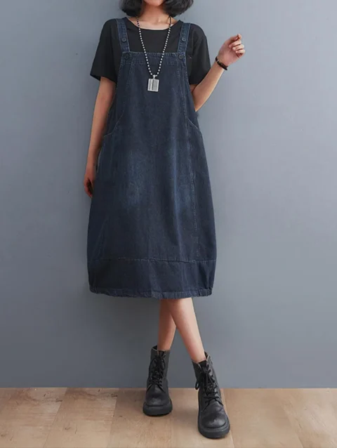 Vintage Sleeveless A-Line Denim Dress Women Summer Blue Jeans Dress Korean Style Oversized Loose Pockets Overalls Dresses 1