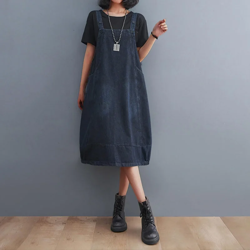 Vintage Sleeveless A-Line Denim Dress Women Summer Blue Jeans Dress Korean Style Oversized Loose Pockets Overalls Dresses 1