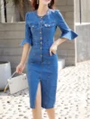 Autumn Denim Dress Women Korean Flare Sleeve Bodycon O-Neck Office Lady Vintage Single-breasted Slim Knee Length Dress 1