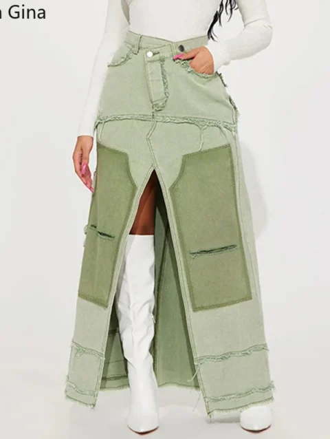 Lemon Gina Women Fashion Patchwork Ripped Out Zipper Fly High Split Midi Maxi Long A-line Denim Skirt 2023 Street Jean Skirts 1