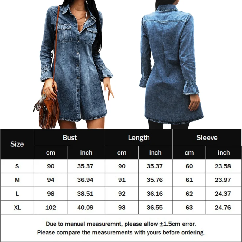 Women Button Down Dress with Pocket Sexy Denim Dress Fashion Solid Color Chic Club Party Mini Dress 5