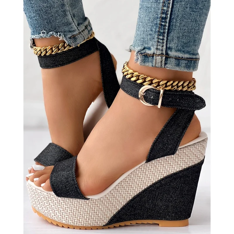 Fashion Women Denim Platform Wedge Summer Lady Peep Toe Sandals Casual Streetwear Korean Style Ankle Strap High Heel Shoes 6