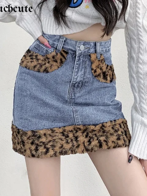 SUCHCUTE Women Harajuku High Waist Skirts Punk Leopard Fur Patchwork Pocket Mini Denim Skirt Casual Vintage Y2k 2000s Streetwear 1