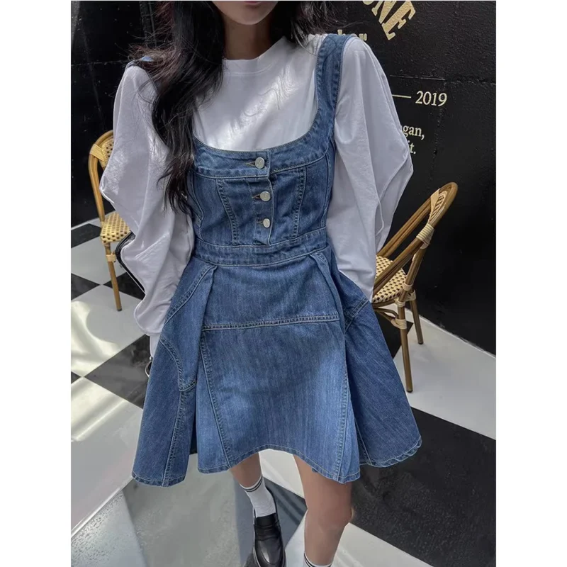 Korean Fashion Denim Dress for Women Solid Sleeveless A-line Suspender Strap Jeans Vestidos Female Summer Outfits Frocks 2