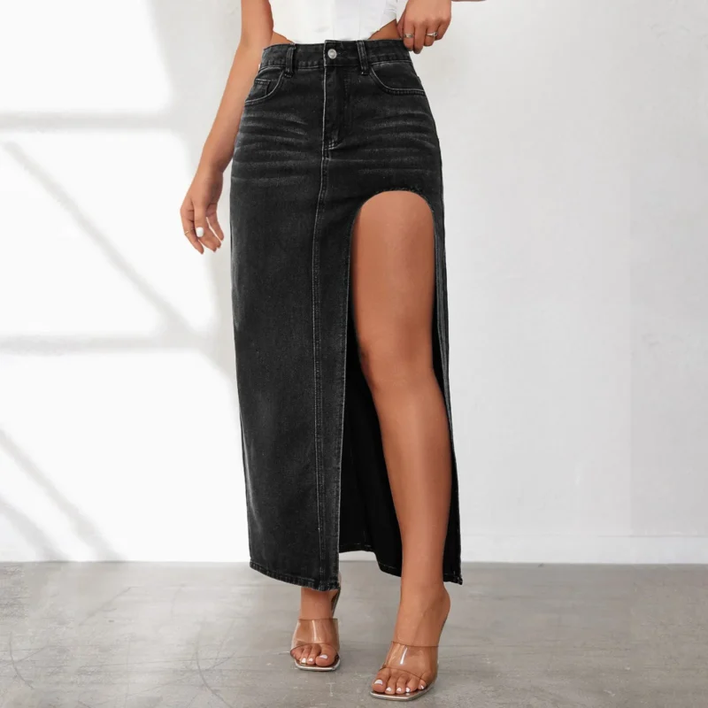 Sexy High Split Denim Skirt For Women Solid High Waist Bodycon Long Skirt Korean Style Jean Midi Skirt Summer Fashion Skirt 1