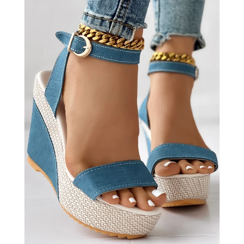 Fashion Women Denim Platform Wedge Summer Lady Peep Toe Sandals Casual Streetwear Korean Style Ankle Strap High Heel Shoes 1