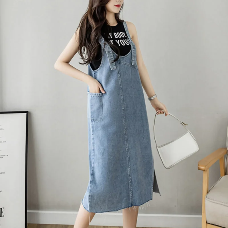 Women'S Denim Fabric Casual Fashionable Solid Color Loose Pocket Strap Skirt High Quality Slit Dress Strap Skirt فساتين السهرة 5
