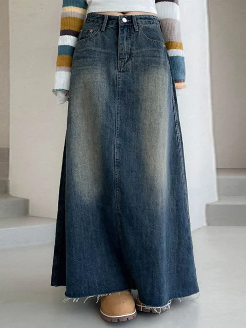 Vintage Jeans Skirt Women Summer Washed Denim Skirt Female Korean Fashion Blue Long Skirts Ladies Elegant Casual Loose Faldas 1