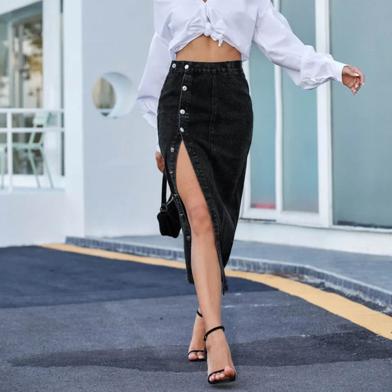Denim Half Skirts Women European And American Fashion High Waist Button Slit Long Jean Skirt Female Autumn Streetwear faldas New 2