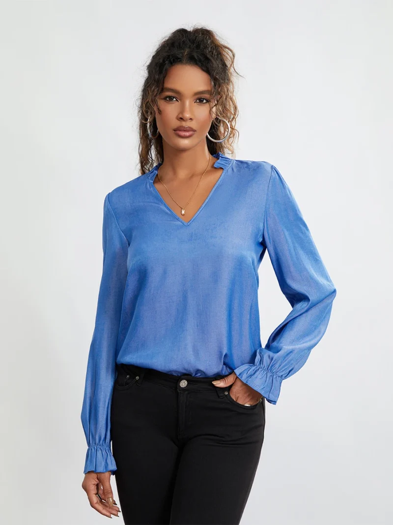 New Womens Notched V Neck T-Shirts Fashion Long Sleeve Solid Color Loose Frill Tops Spring Summer Shirts Skin Friendly Hot Sale 4