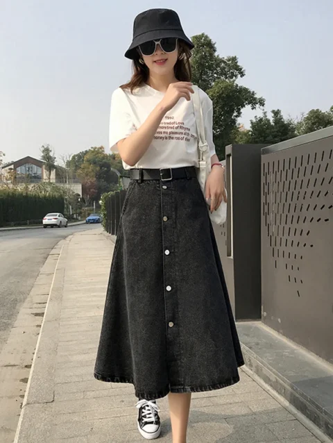 Women Long Denim Skirt Y2k Black High Waist Jeans Maxi Skirts for Female Knee Length A-line Skirt Fashion Korean Autumn Winter F 1