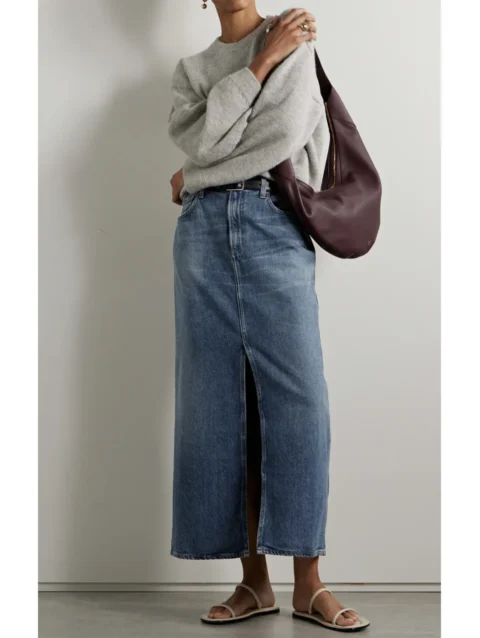 Front Slit Denim Midi Skirt Women's High Waist Fashion Spring New 2024 Cotton Lady Jupe with Pockets 1