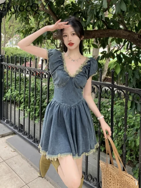 GkyocQ American Retro New Women Dress Hot Sweet Puff Sleeve V Neck Slim A Line Denim Short Dresses Pleated Sexy Girls Vestidos 1