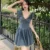 GkyocQ American Retro New Women Dress Hot Sweet Puff Sleeve V Neck Slim A Line Denim Short Dresses Pleated Sexy Girls Vestidos 1